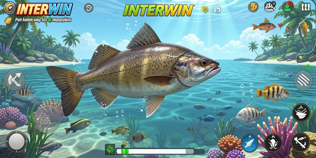 Tampilan gameplay INTERWIN yang menampilkan aktivitas memancing yang seru.