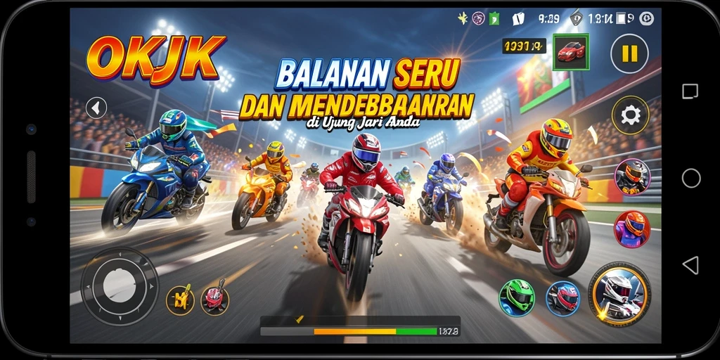 Tampilan gameplay OKJK saat balapan mendebarkan di lintasan yang menarik.